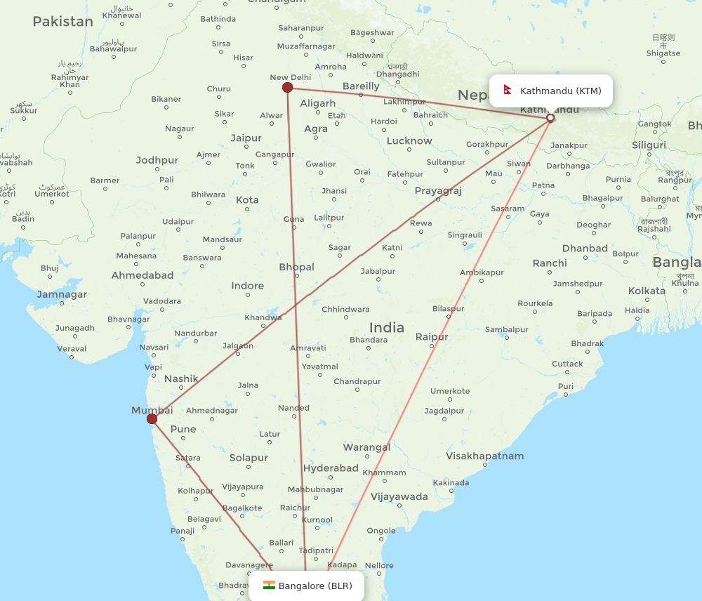 BLR to KTM flights and routes map