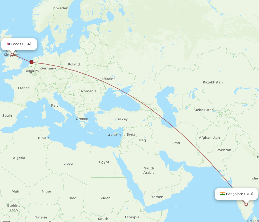 BLR to LBA flights and routes map