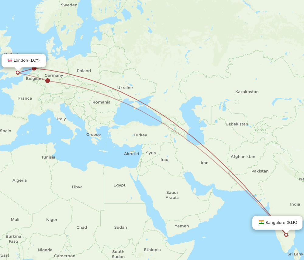 BLR to LCY flights and routes map