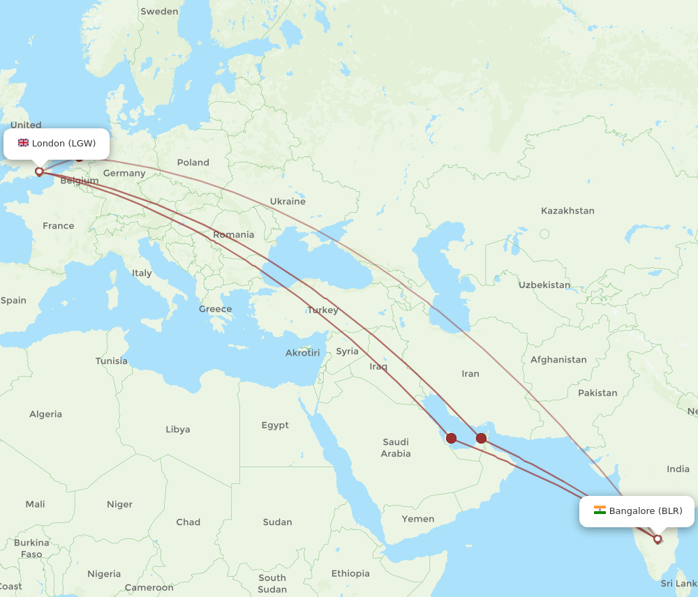 BLR to LGW flights and routes map