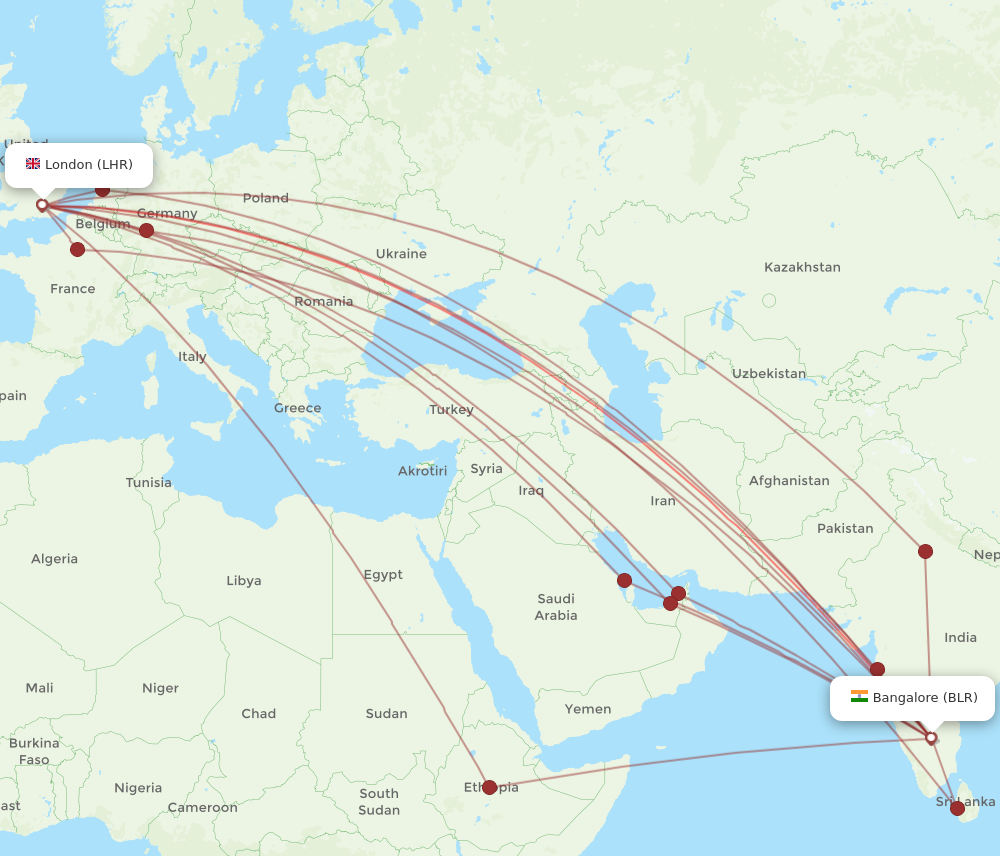 BLR to LHR flights and routes map