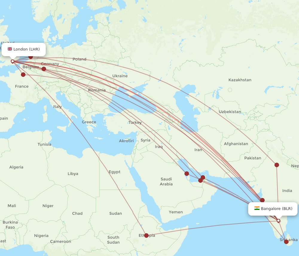 BLR-LHR flight routes