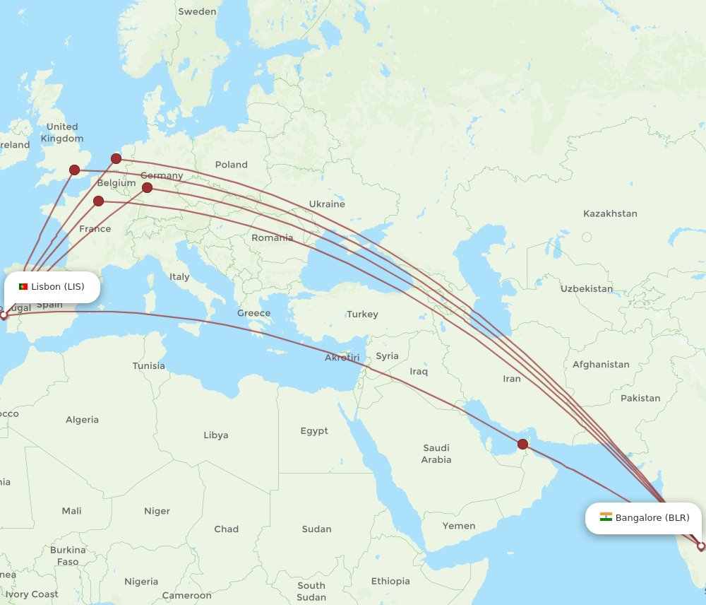 BLR-LIS flight routes