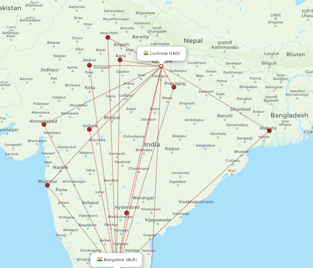 BLR to LKO flights and routes map