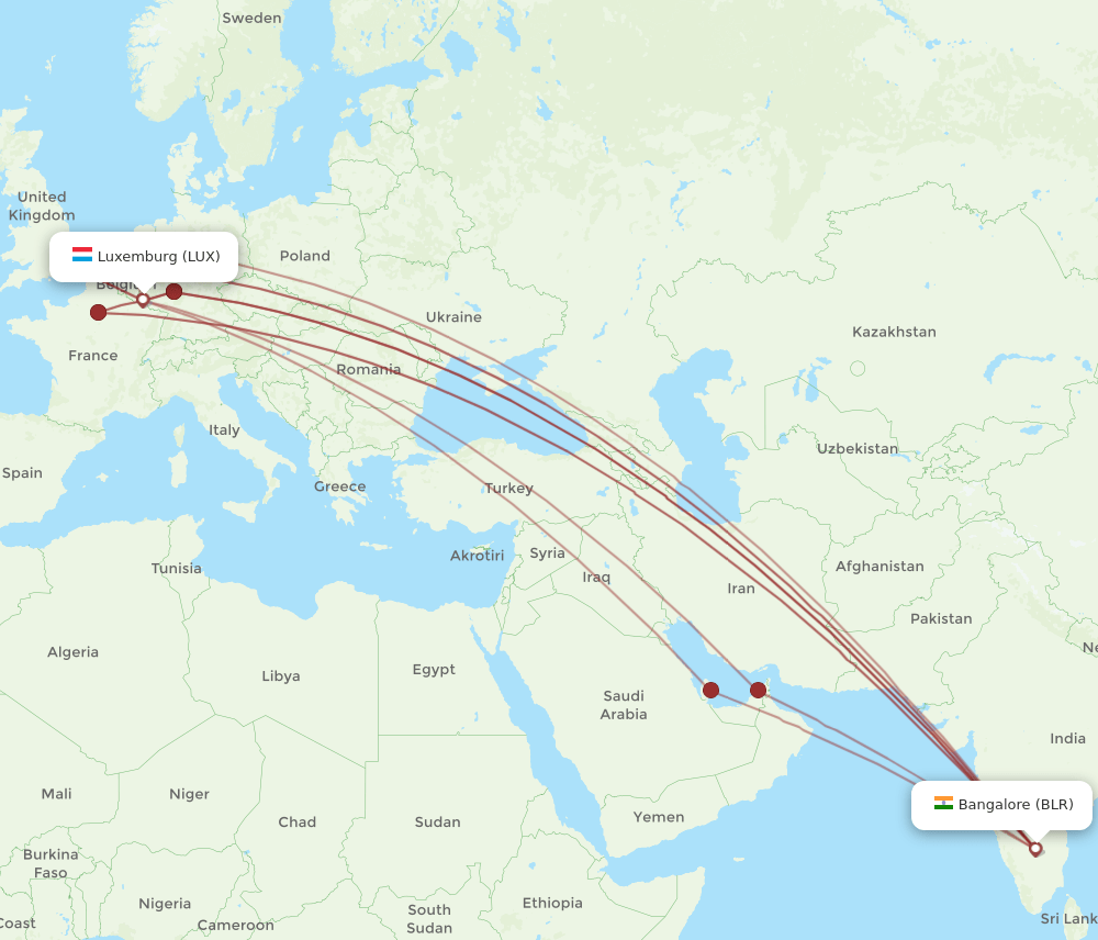 BLR-LUX flight routes