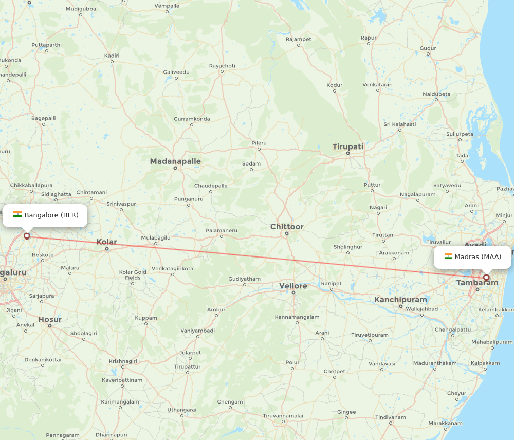 Bengaluru - Chennai route map and flight paths