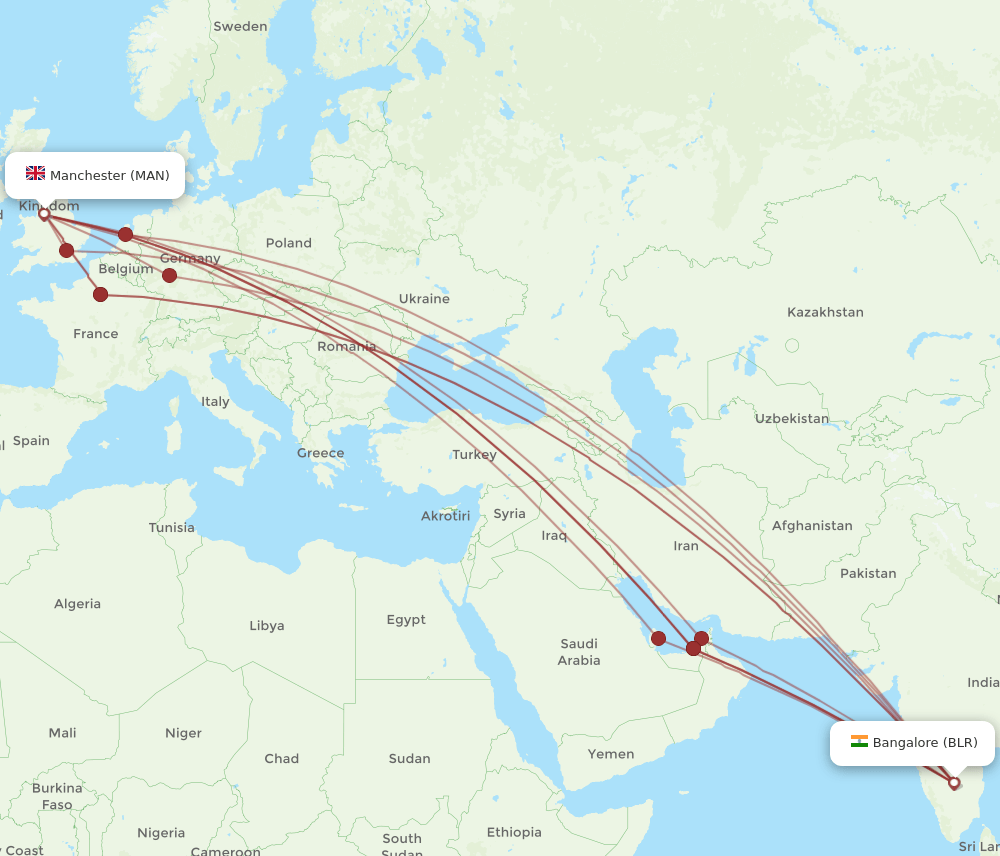 BLR to MAN flights and routes map