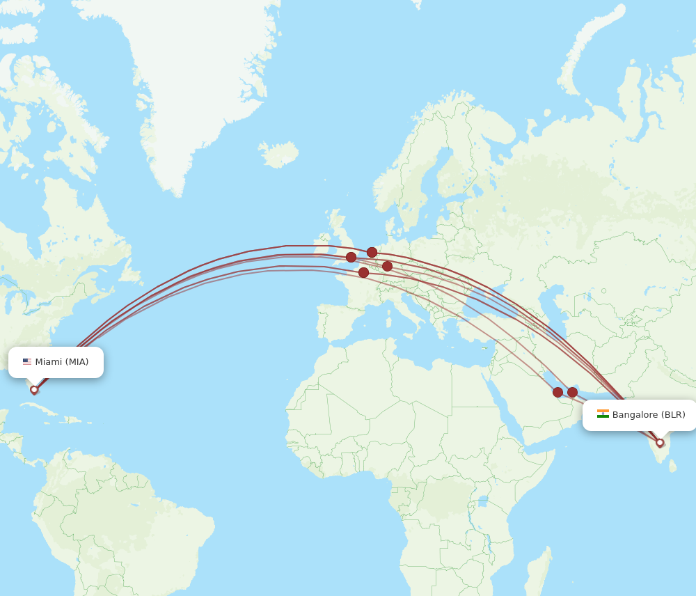 BLR to MIA flights and routes map
