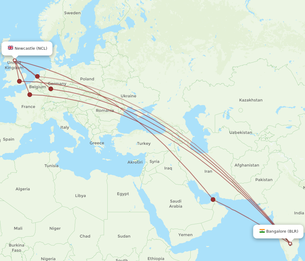 BLR to NCL flights and routes map