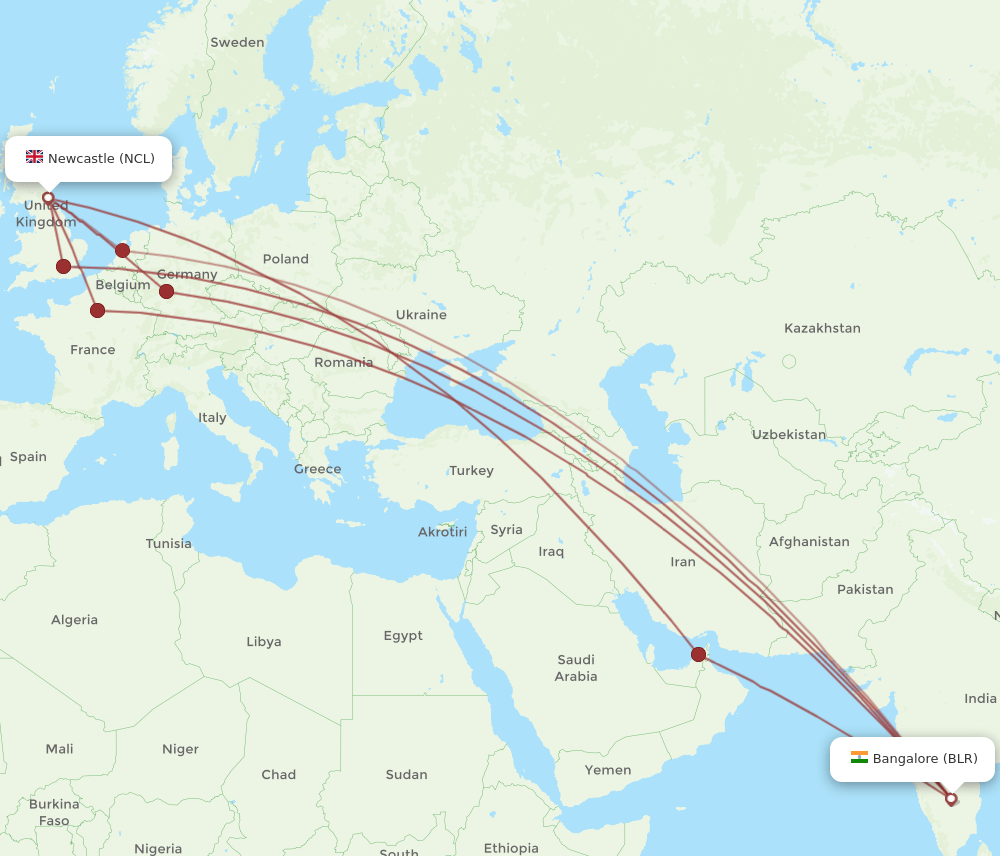 BLR-NCL flight routes