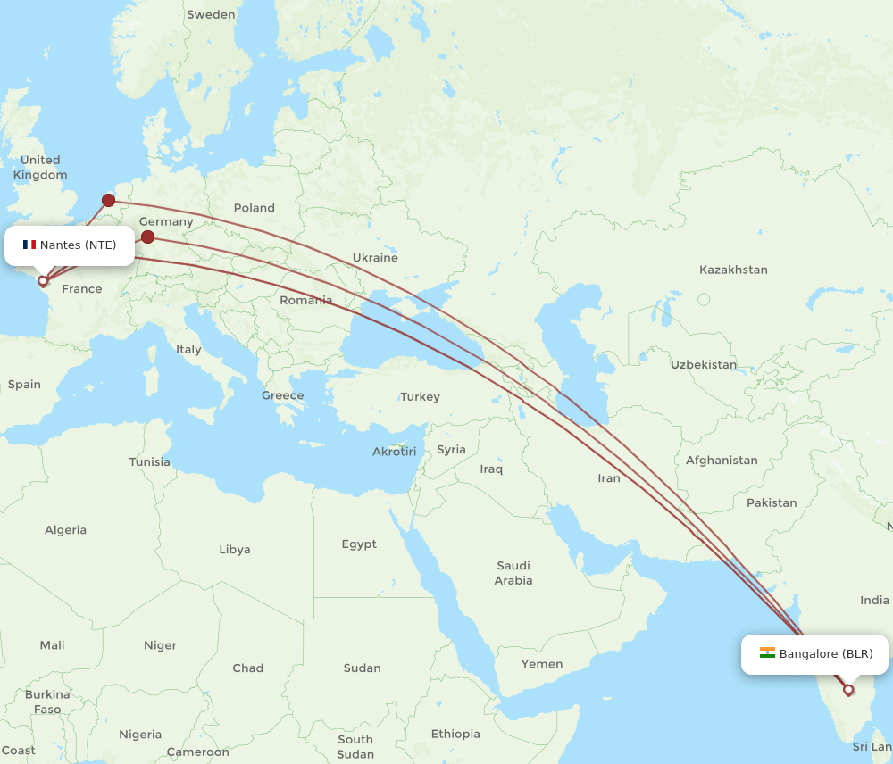 BLR-NTE flight routes