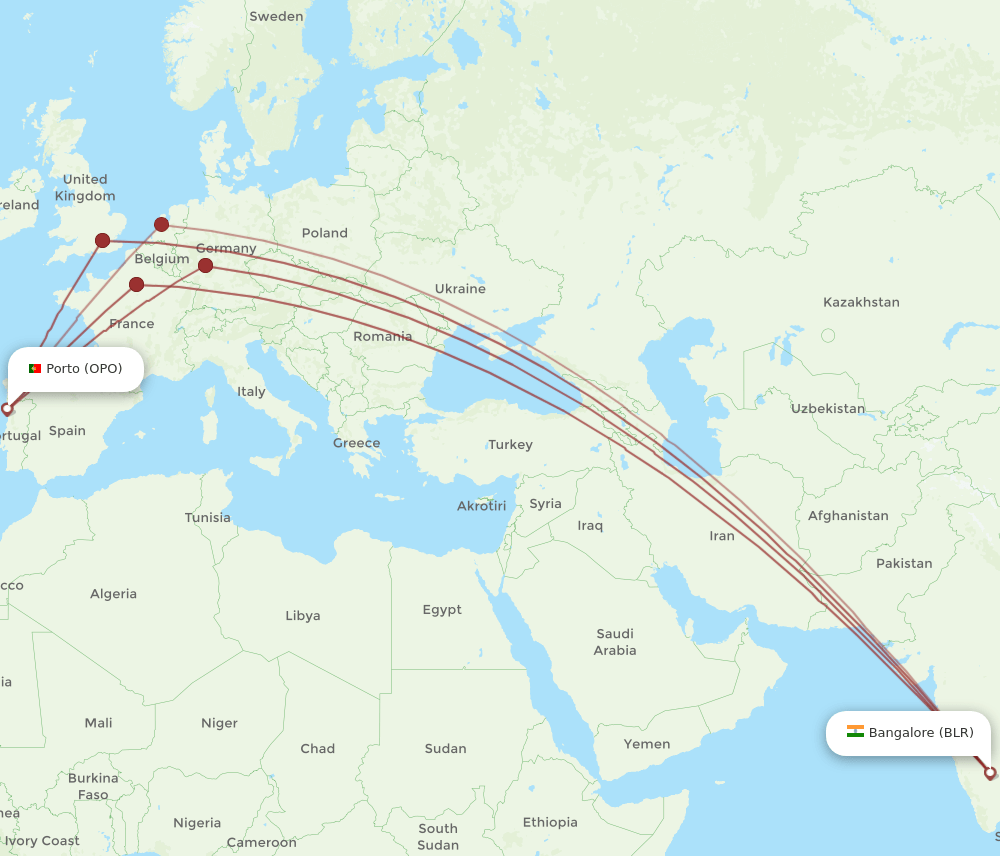 BLR-OPO flight routes