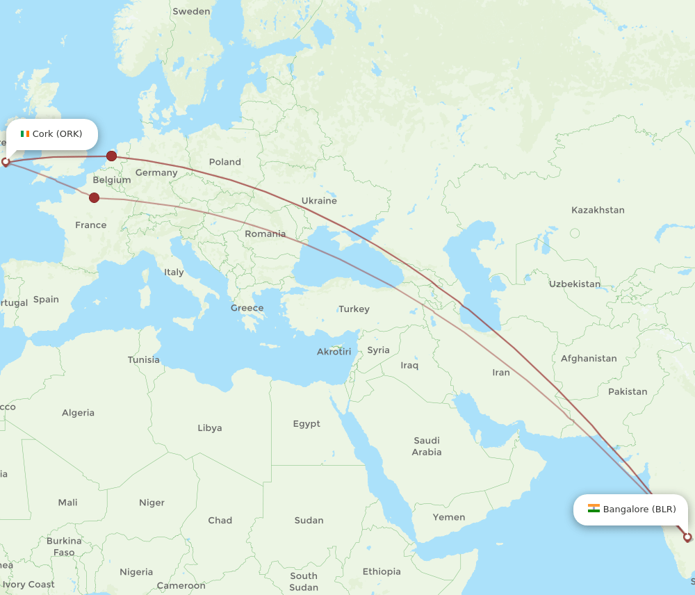 BLR-ORK flight routes