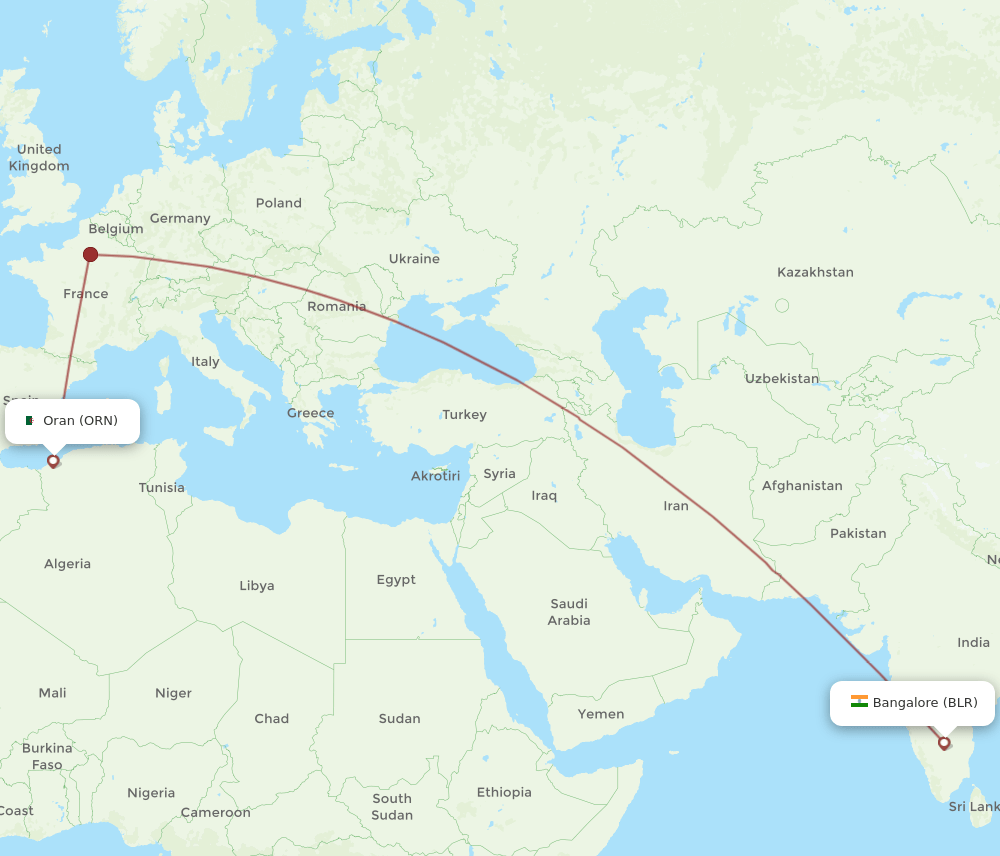 Oran - Bengaluru route map and flight paths