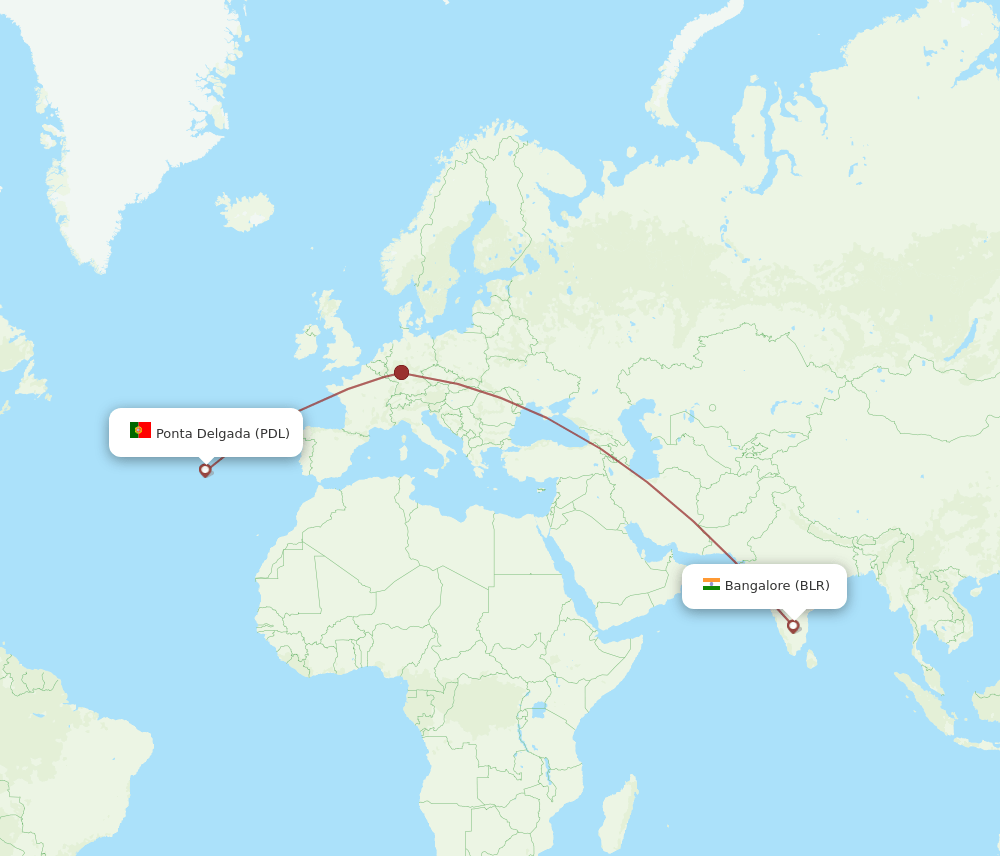 Ponta Delgada (Azores) - Bengaluru route map and flight paths