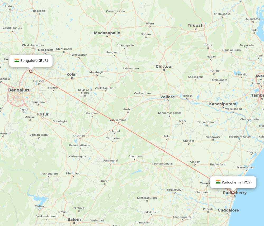 Bengaluru - Puducherry route map and flight paths
