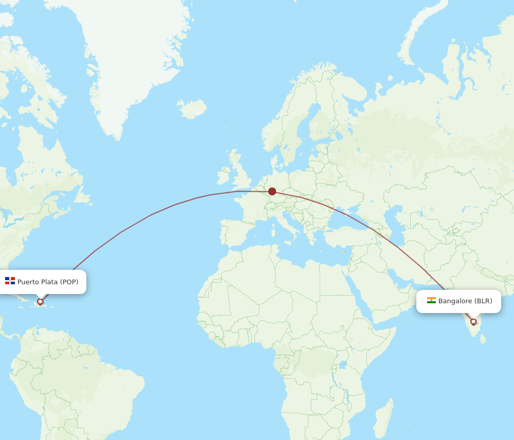 Puerto Plata - Bengaluru route map and flight paths