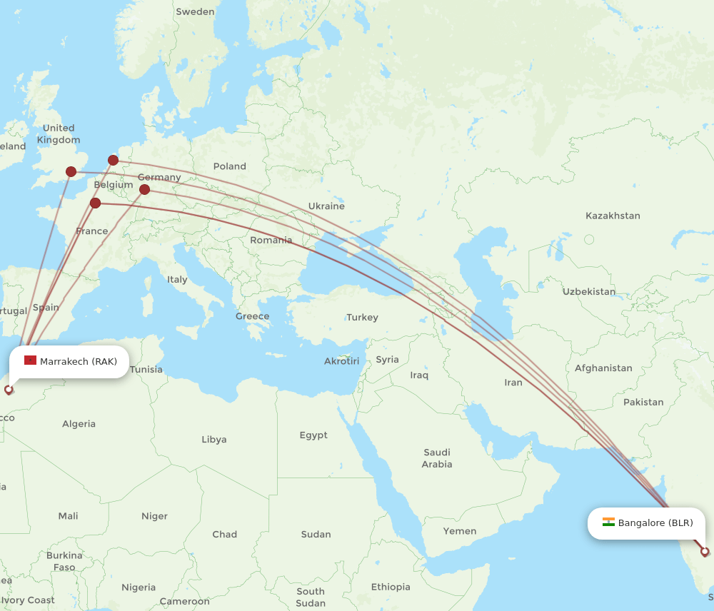 BLR-RAK flight routes