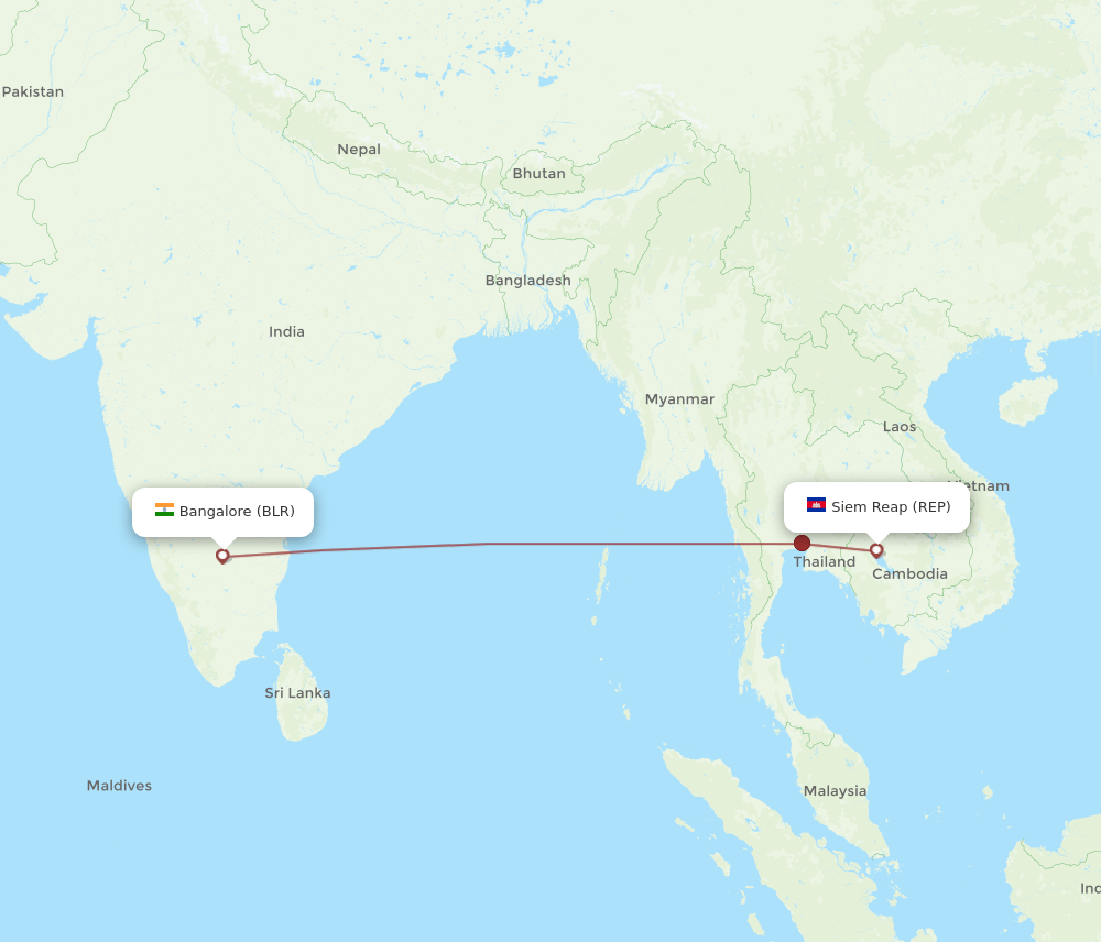 Bengaluru - Siem Reap route map and flight paths