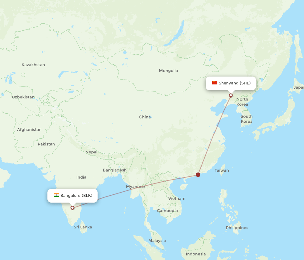 Bengaluru - Shenyang route map and flight paths