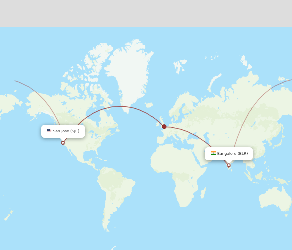 Bengaluru - San Jose route map and flight paths