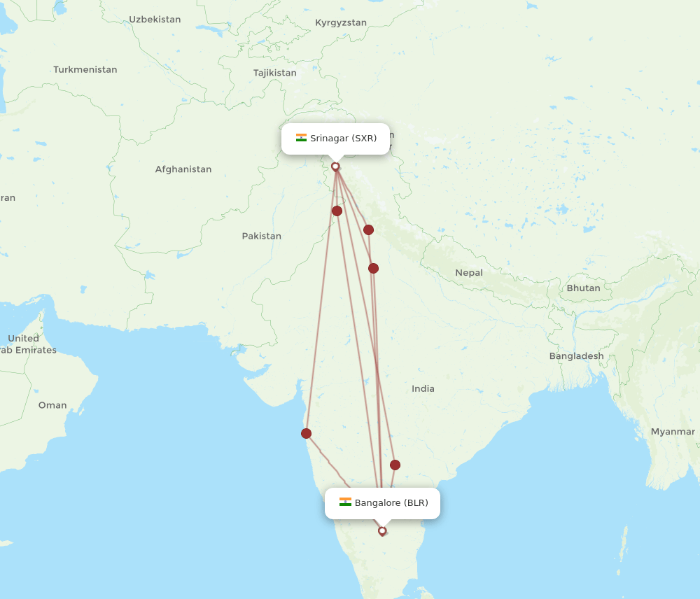 BLR to SXR flights and routes map