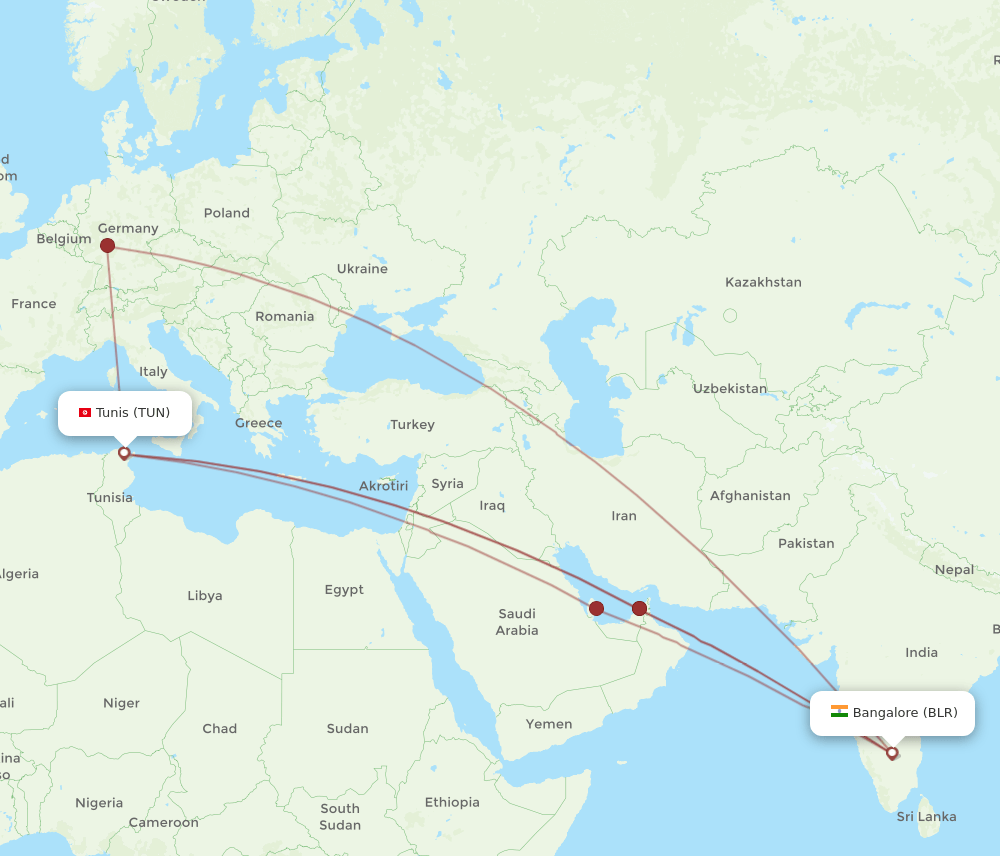 BLR to TUN flights and routes map