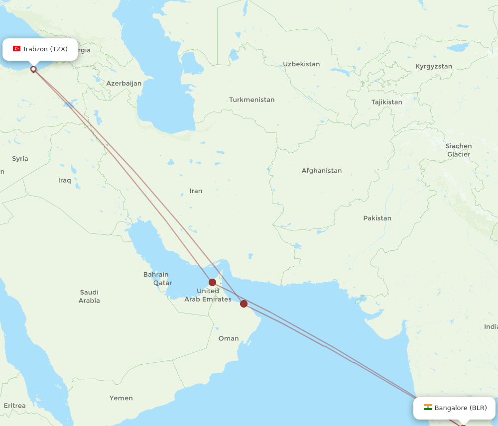 BLR-TZX flight routes