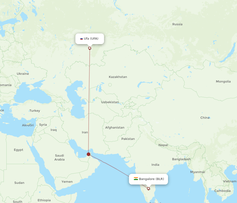 Bengaluru - Ufa route map and flight paths