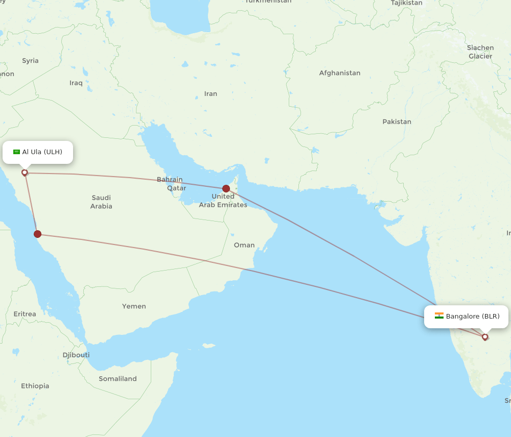 Al Ula - Bengaluru route map and flight paths