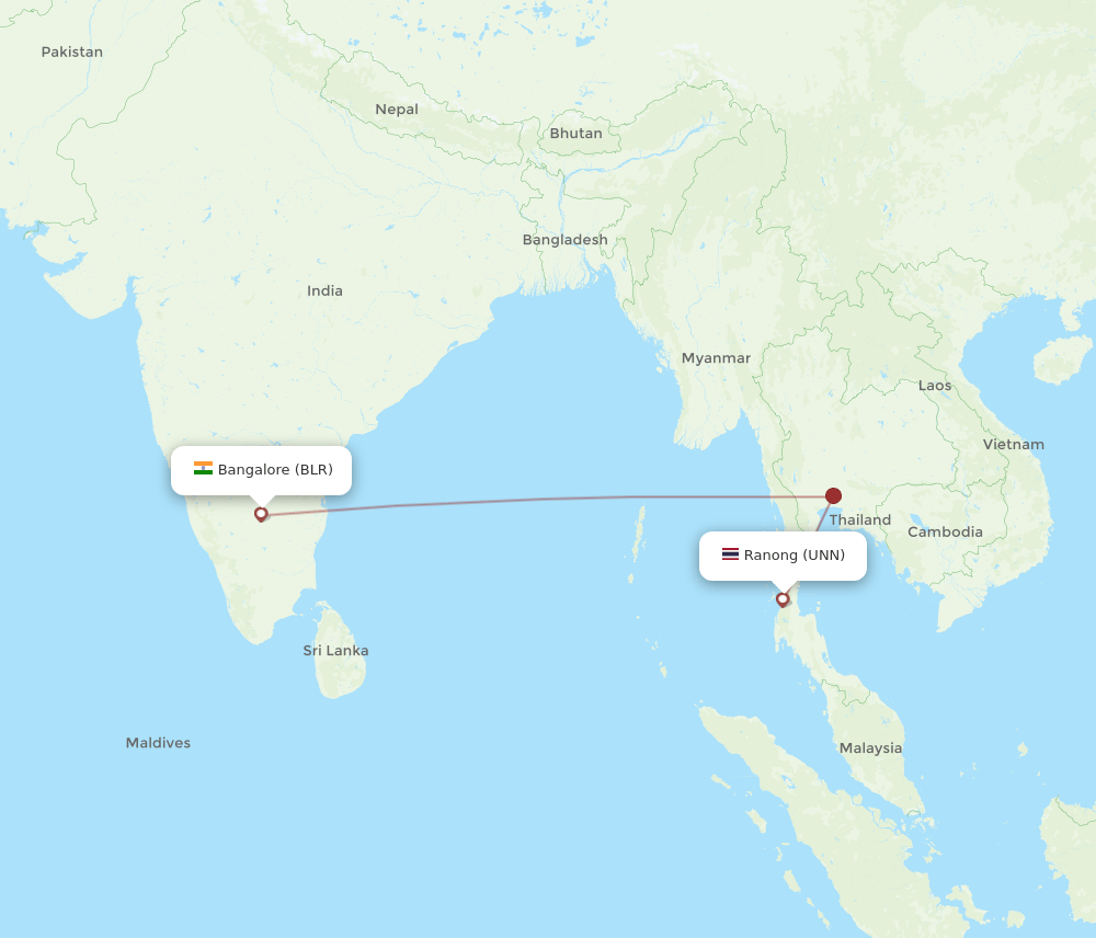 Ranong - Bengaluru route map and flight paths
