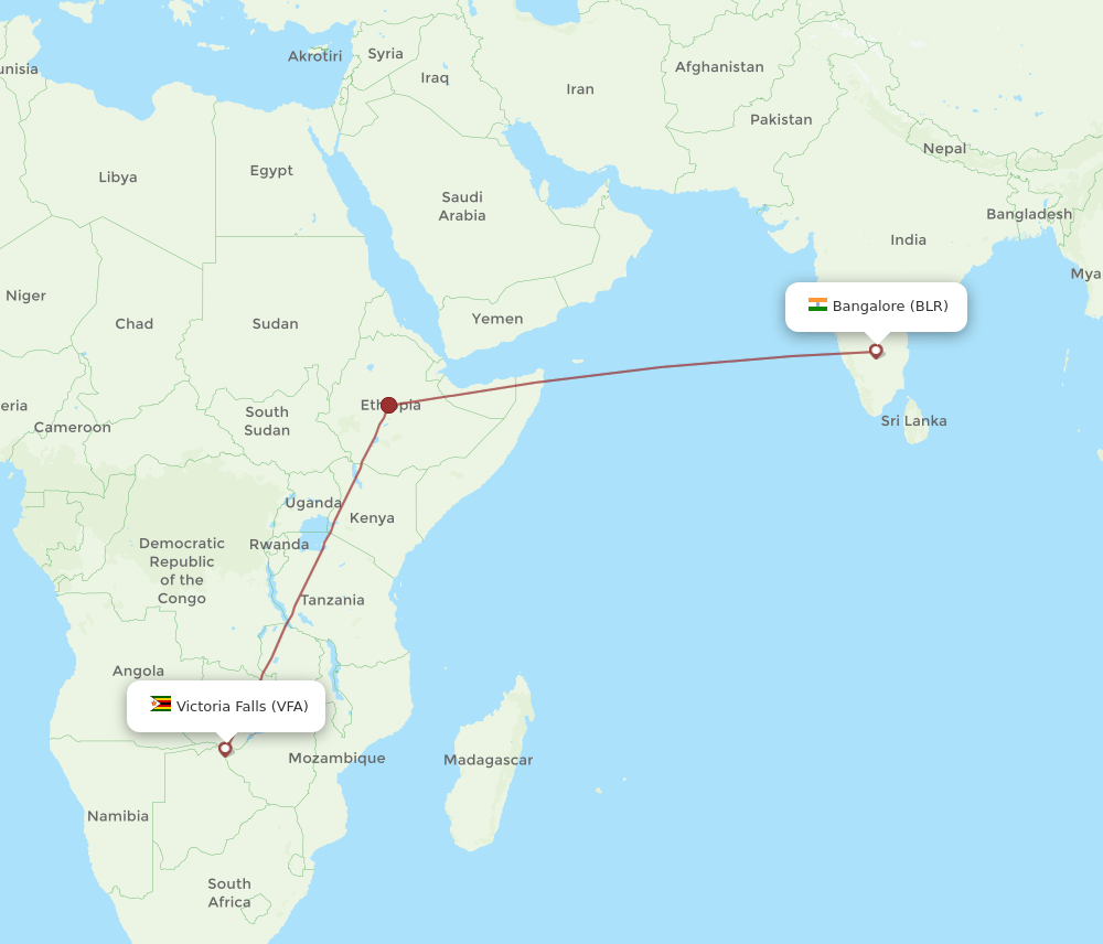 Victoria Falls - Bengaluru route map and flight paths