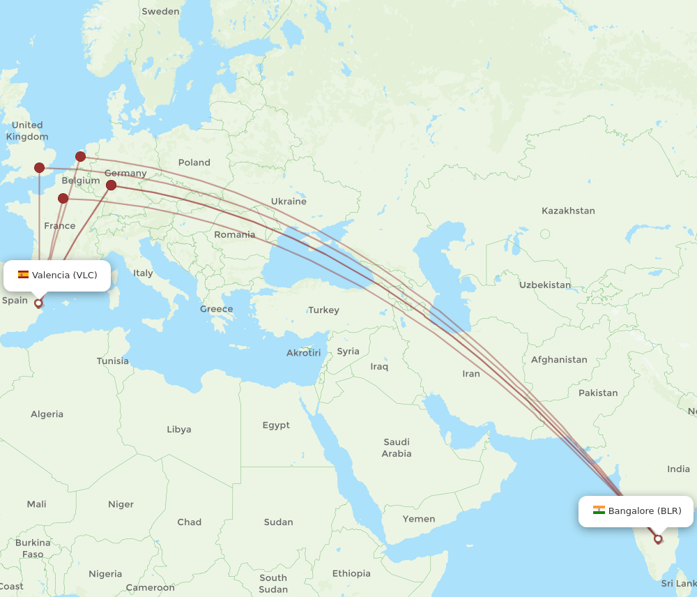 BLR-VLC flight routes