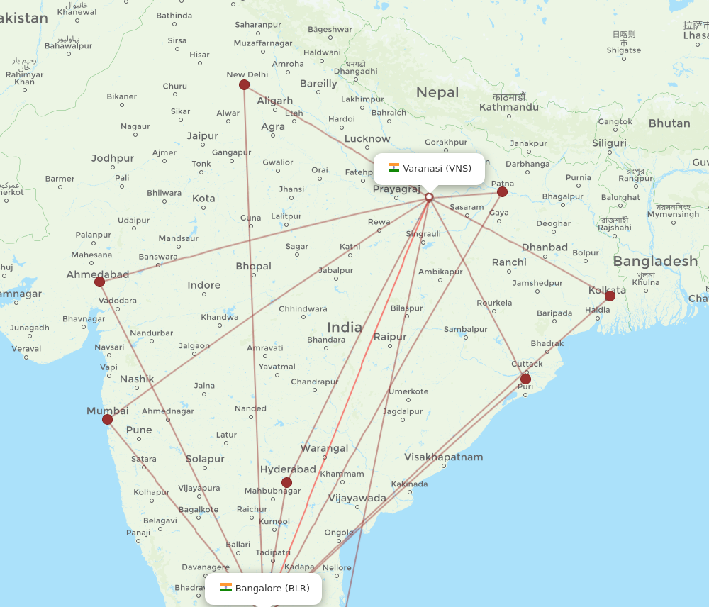 BLR to VNS flights and routes map