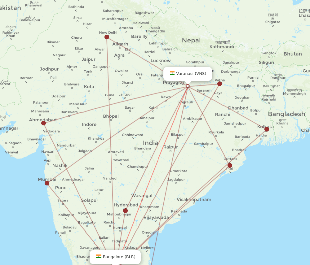 BLR to VNS flights and routes map