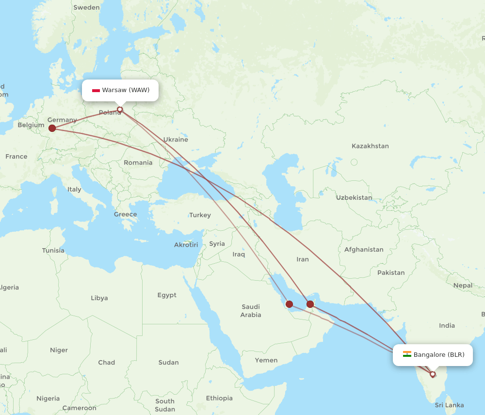 BLR to WAW flights and routes map
