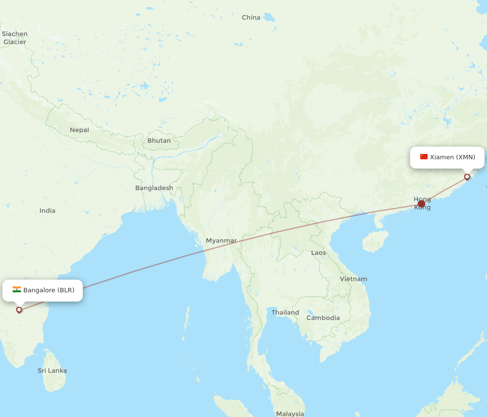Bengaluru - Xiamen route map and flight paths