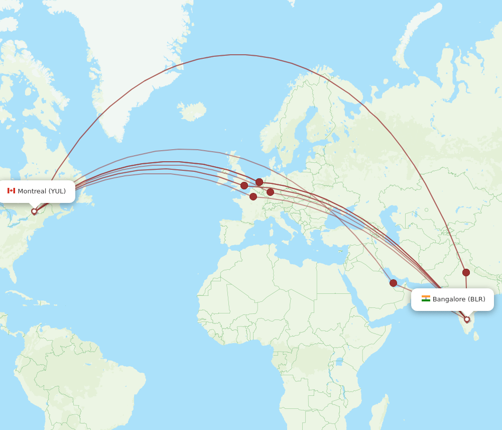 BLR-YUL flight routes