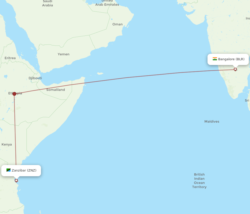 ZNZ to BLR flights and routes map
