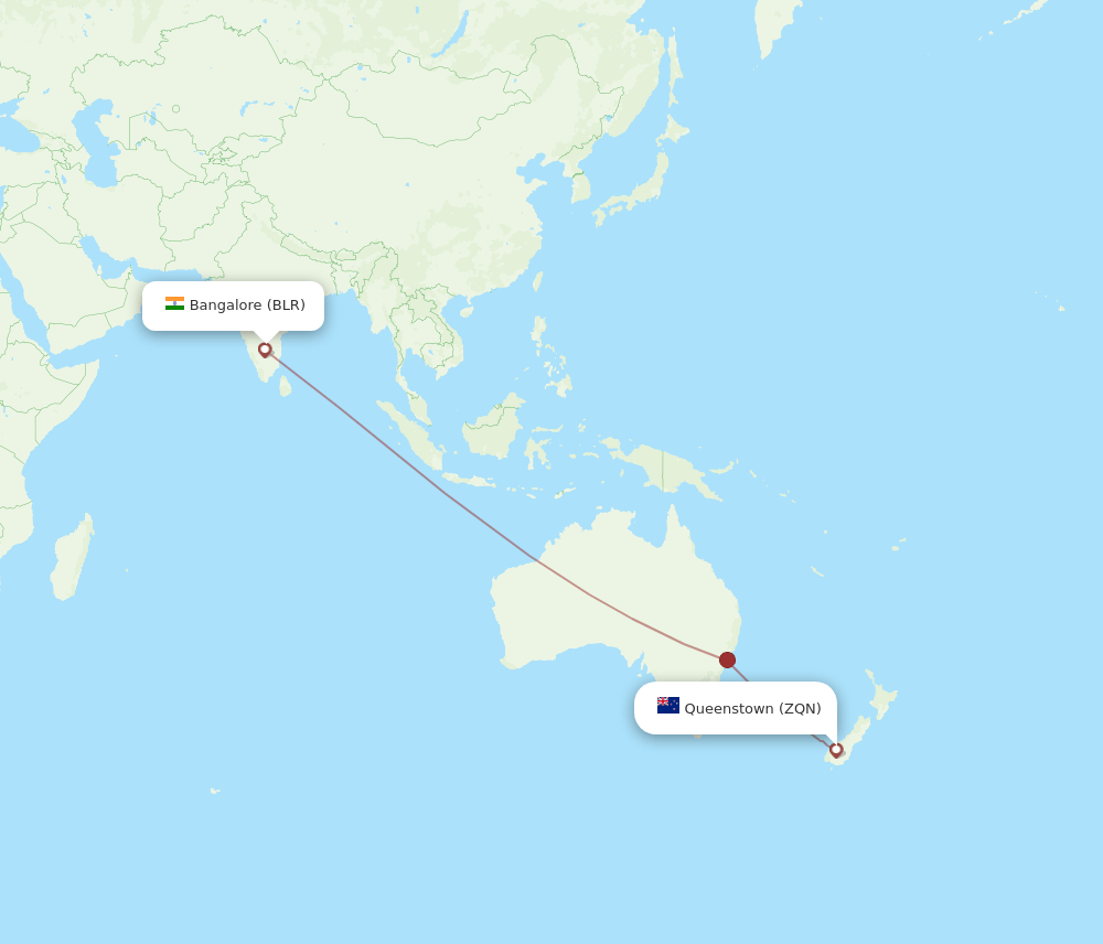 Queenstown - Bengaluru route map and flight paths