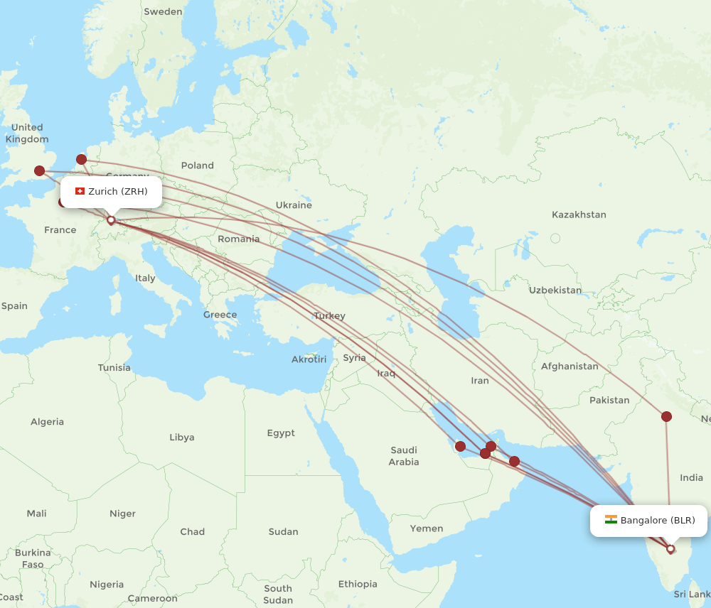 Zurich - Bengaluru route map and flight paths