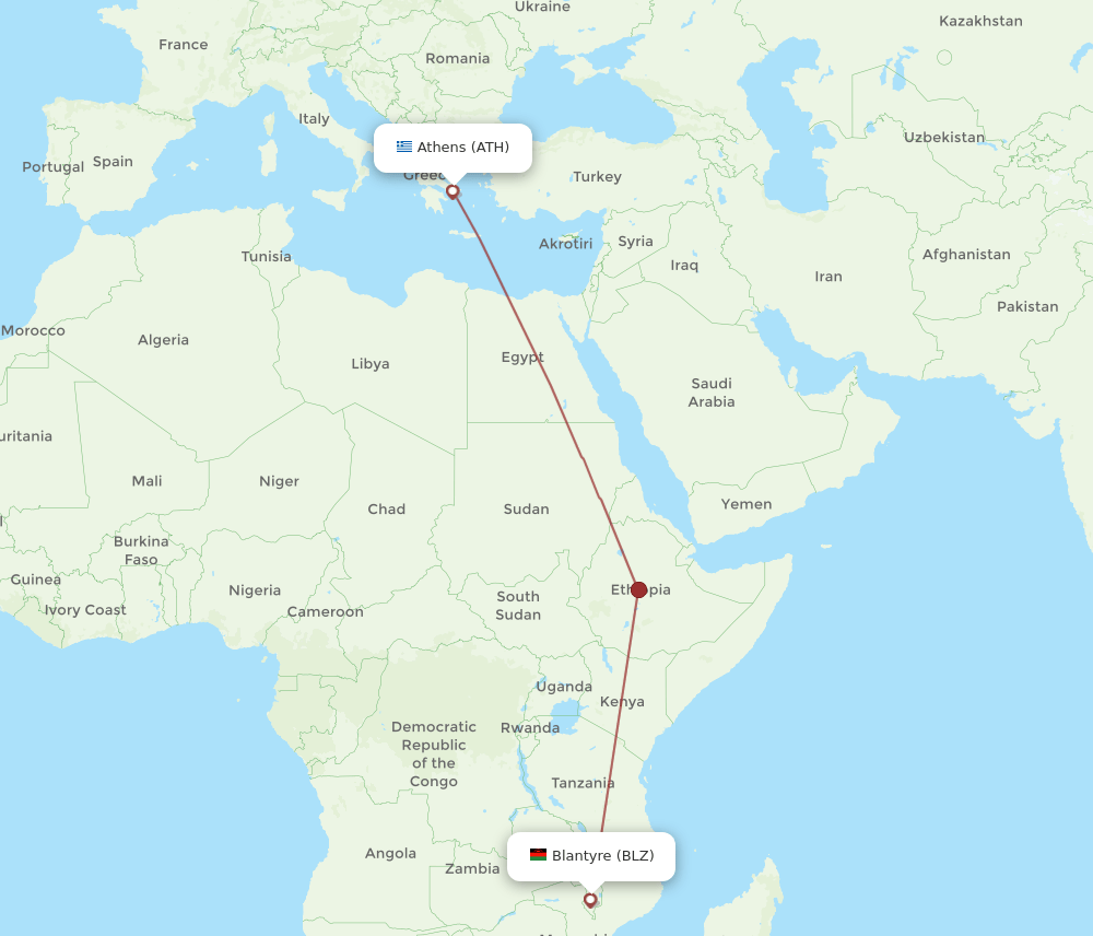 Athens - Blantyre route map and flight paths
