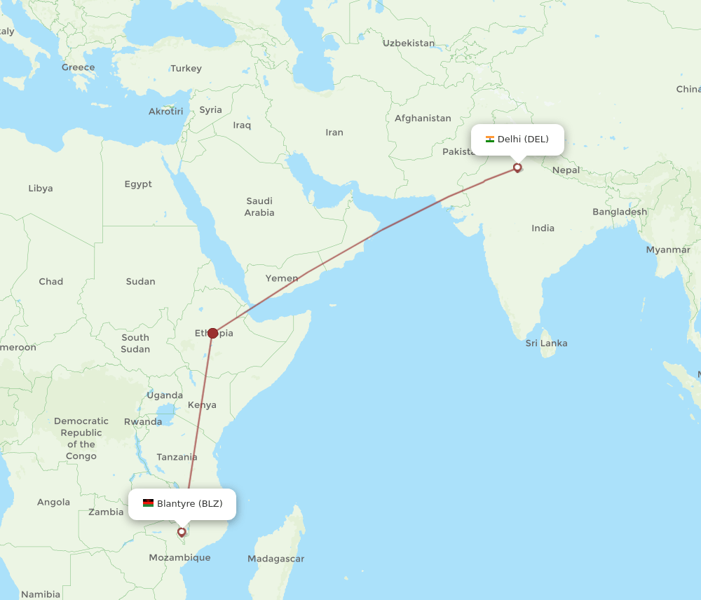 BLZ to DEL flights and routes map