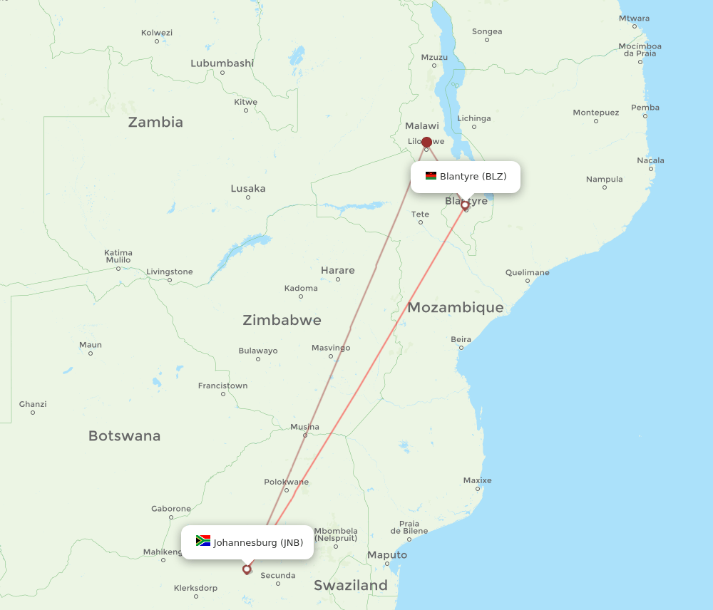 Blantyre - Johannesburg route map and flight paths