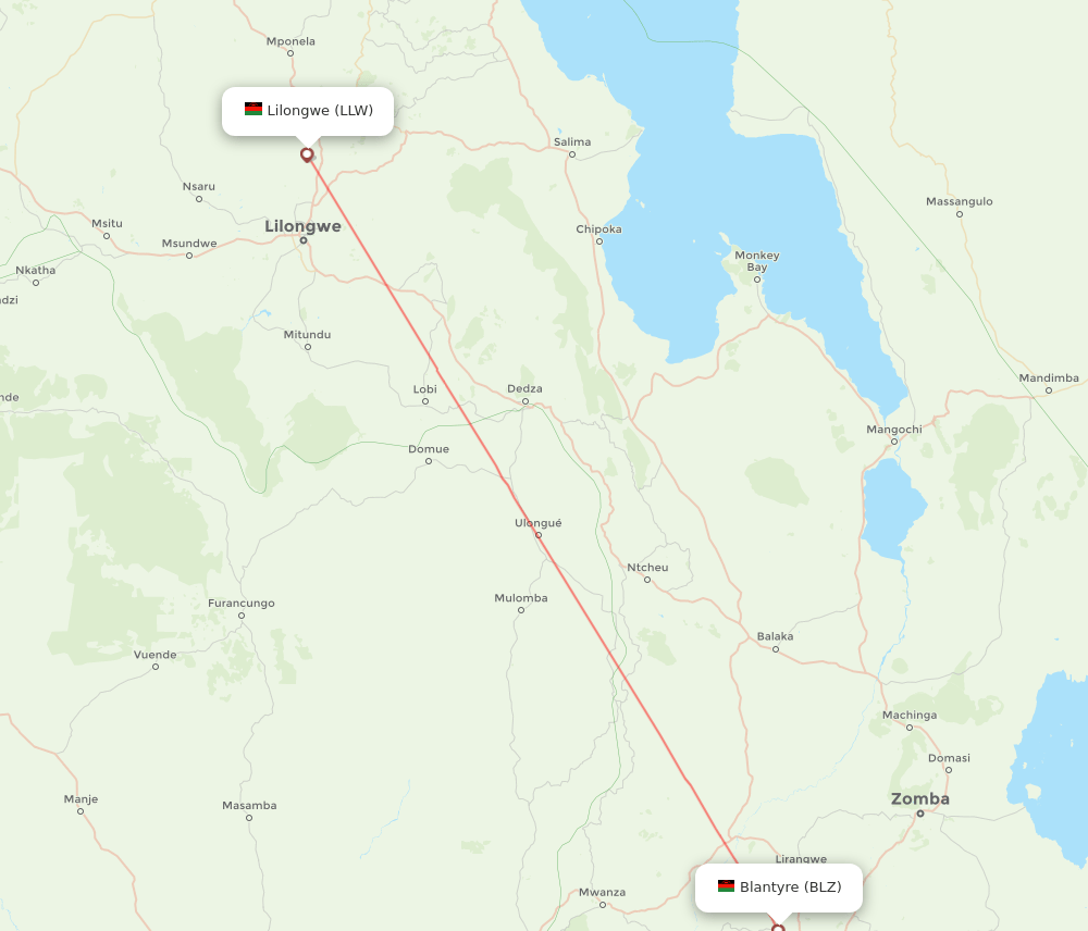 BLZ to LLW flights and routes map