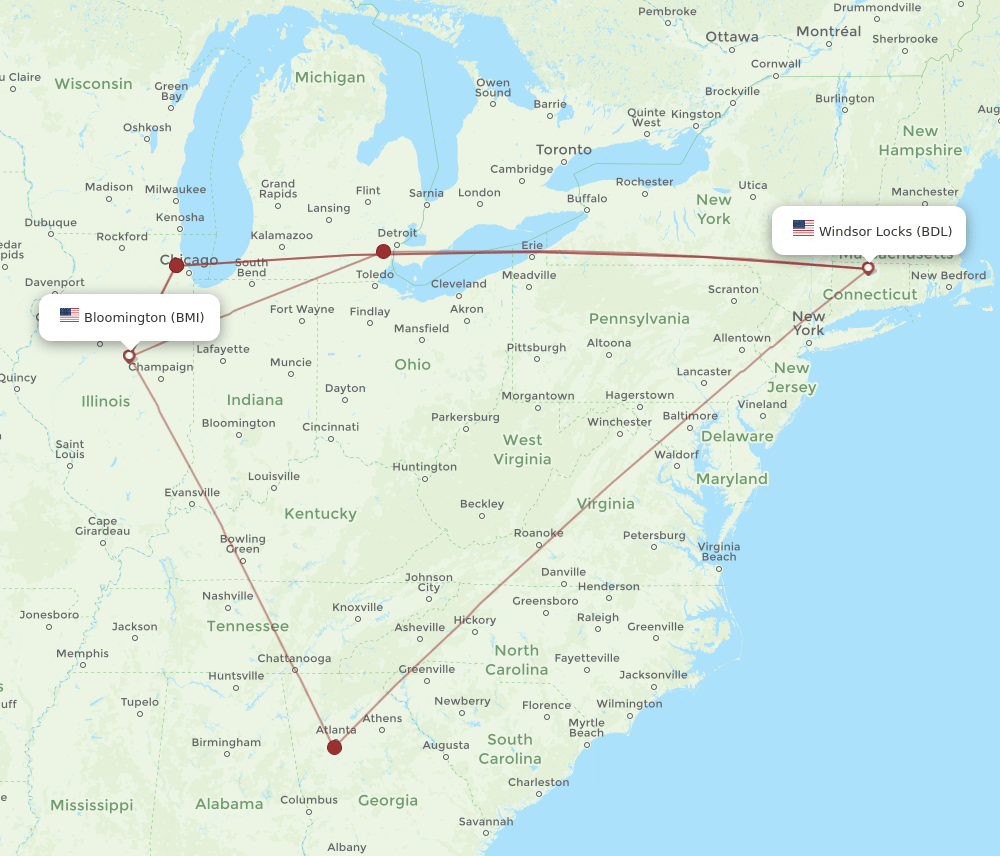 BMI to BDL flights and routes map