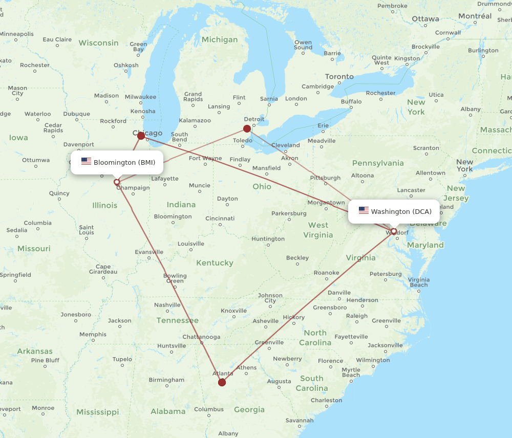 BMI to DCA flights and routes map