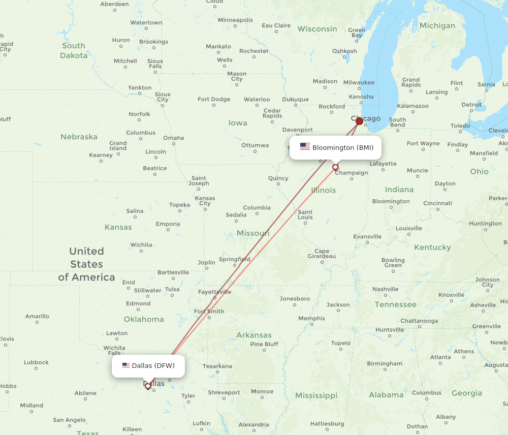 BMI-DFW flight routes