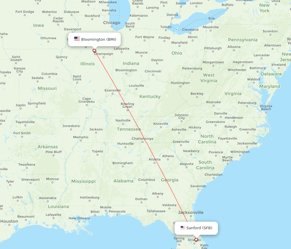 Bloomington - Orlando route map and flight paths