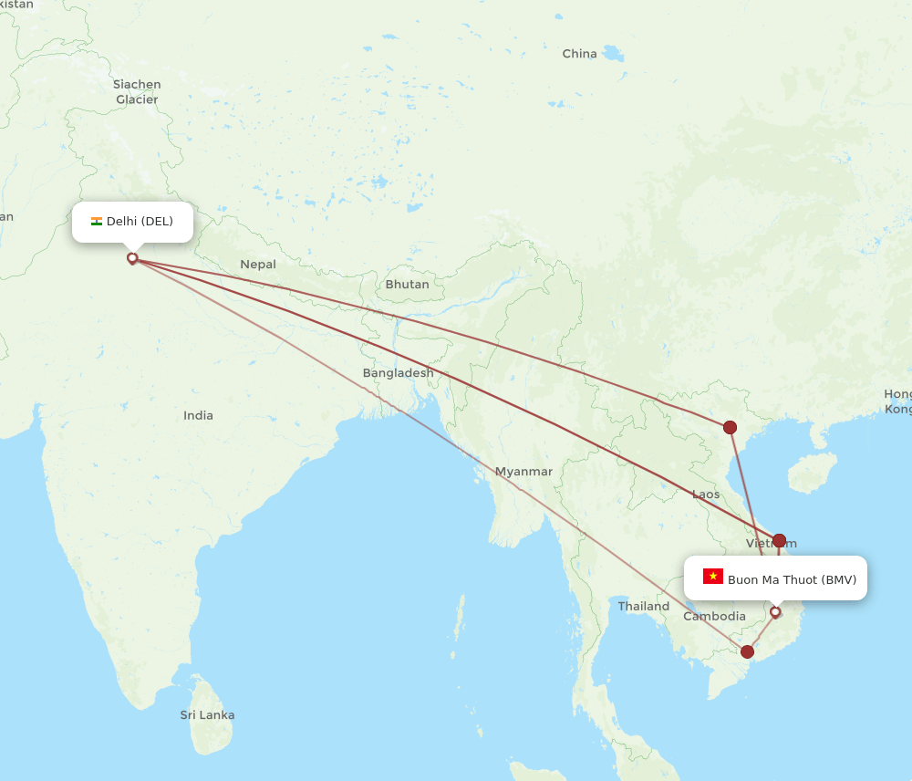 Buon Ma Thout - Delhi route map and flight paths